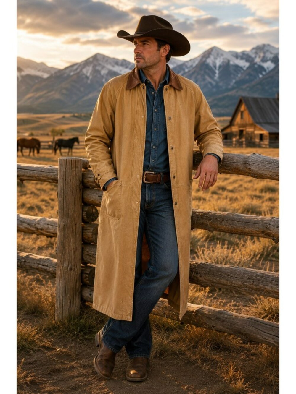 Lone Pine KEMOSABE Barn Jacket Mens Medium Leather Long Riding Duster Tan